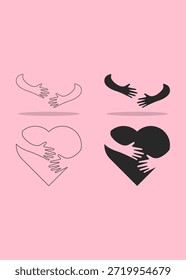 Una ilustración minimalista de dos manos que se extienden para formar y abrazar una forma de corazón, simbolizando una profunda compasión, Asistencia emocional y la calidez de un gesto amable.