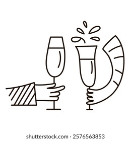 Minimalist illustration of two hands toasting with champagne glasses, featuring splashes for festive and celebratory vibe. Hand drawn doodle black and white line art vector design.