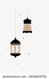 Minimalist illustration of two hanging lanterns with black and beige accents, surrounded by small stars and dots on a white background. Elegant and simple design. Aesthetic illustration vector.