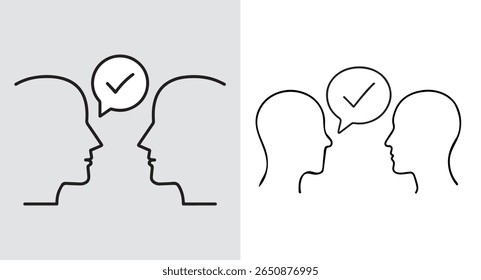 Ilustração Minimalista de Duas Cabeças Voltadas uma para a outra com uma Bolha de Fala Contendo uma Comunicação de Marca de Seleção e Compreendendo o Conceito.