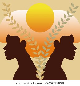 Ilustración minimalista de dos imágenes de mujeres negras con hojas de sol y detalles de color claro