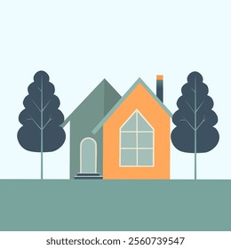 A minimalist illustration of two modern houses with trees on both sides, featuring clean geometric shapes and a pastel color palette.