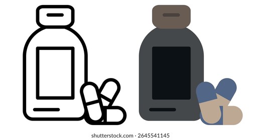 Minimalist illustration of two pill bottles—one outlined, one colored—with capsules beside them, suitable for pharmaceutical, healthcare, or medication themes.