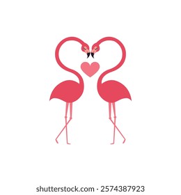 Minimalist illustration of two pink flamingos forming a heart shape with their necks, symbolizing love, romance, and connection.