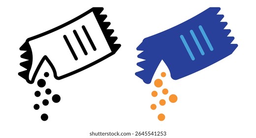 Uma ilustração minimalista de duas saquetas vazando grânulos — uma delineada em preto, a outra preenchida com azul e laranja — é perfeita para temas relacionados a alimentos, temperos ou embalagens.