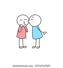 Ilustración minimalista de dos figuras simples en el amor. Una figura besa a la otra en la mejilla, expresando afecto. Limpio, fondo blanco. Dulce, tierno y conmovedor.