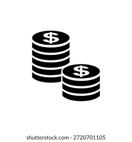 Ilustração minimalista de duas pilhas de moedas de dólar, uma maior que a outra, sobre um fundo branco plano. As moedas são pretas, com um símbolo de dólar branco em cima de cada uma. A imagem representa riqueza, finanças e prosperidade.