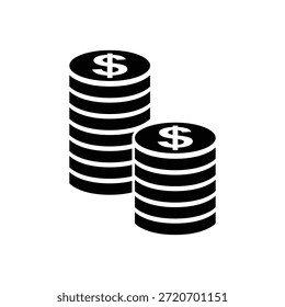 Ilustração minimalista de duas pilhas de moedas de dólar, uma maior que a outra, sobre um fundo branco plano. As pilhas são pretas com sinais de dólar branco no topo e linhas horizontais para representar as moedas.