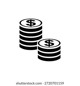 Ilustração minimalista de duas pilhas de moedas de dólar, uma maior que a outra, sobre um fundo branco plano. As pilhas são preto-e-branco, com um cifrão no topo de cada pilha.
