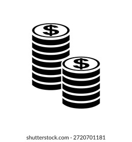 Una ilustración minimalista de dos pilas de monedas en dólares, a menudo utilizadas para representar dinero, finanzas y riqueza. El diseño simple lo hace versátil para varias aplicaciones, desde presentaciones de negocios hasta gráficos de Sitio web.