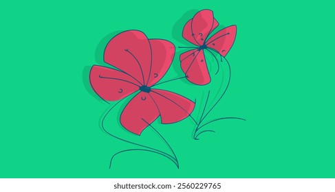 Minimalist illustration of two stylized flowers a vibrant green background. Bold red petals and thin black outlines. Simple yet striking graphic design featuring two abstract flowers.