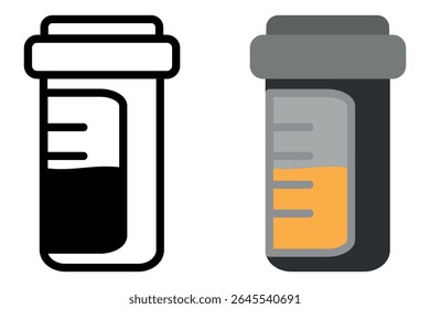 Ilustración minimalista de dos recipientes de muestra de orina, uno delineado, uno coloreado, que muestra diferentes niveles de líquido, ideal para conceptos de laboratorio, médicos o de prueba.
