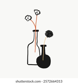 Minimalist illustration of two vases with flowers. Simple vases, elegant flowers. Black vases, delicate flowers. Artistic vases, blooming flowers. Aesthetic vector illustration isolated on white.