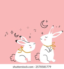 A minimalist illustration of two white rabbits with golden bows sitting on a pink background. The design includes simple line art of moons, stars, and sparkles, creating a dreamy and whimsical