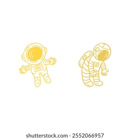 Eine minimalistische Illustration von zwei gelben skizzierten Astronauten in verschiedenen Posen. Einer erscheint schwerelos mit ausgestreckten Armen, während der andere sich nach vorne lehnt, als würde er gehen