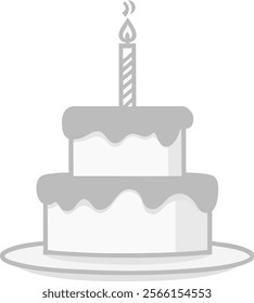 A minimalist illustration of a two-tiered birthday cake with a single candle, grayscale tones. Perfect for celebrations or greeting card designs.