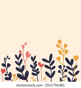 A minimalist illustration of various floral stems with heart-shaped flowers. The design is set against a light beige background.
