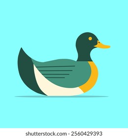 A minimalist illustration vector of a duck with a green head, yellow beak, and blue background.