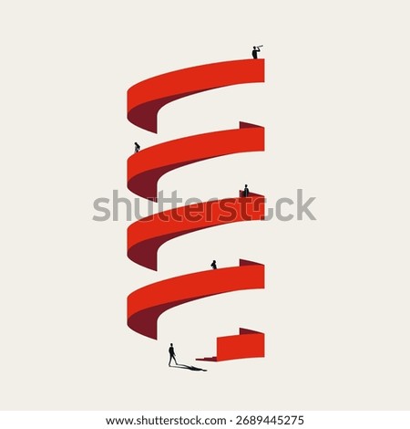 Minimalist illustration in a vector format. Abstract symbol of people climbing a spiral staircase, representing the competitive corporate ladder and career ambition.