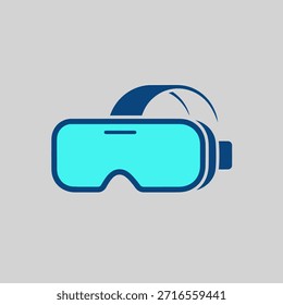 Una ilustración minimalista de un auricular de realidad virtual, con un contorno azul y una pantalla azul claro sobre un fondo gris neutro, que simboliza experiencias digitales inmersivas.