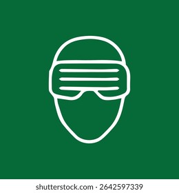 Uma ilustração minimalista de um fone de ouvido VR ou óculos cyberpunk em um fundo verde, simbolizando tecnologia, design futurista e realidade virtual.