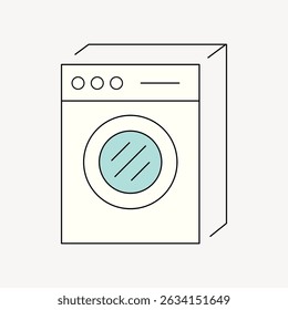 Minimalist illustration of a washing machine. Simple washing machine design with clean lines. Washing machine icon with a blue circular door on a white background. Illustration vector.