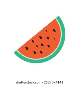 Minimalist illustration of a watermelon slice with vibrant colors and simple design. Perfect for summer-themed projects, healthy eating visuals, and food-related designs.