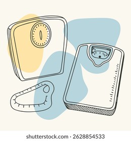Minimalist illustration of weight scales and tape measure with colorful backgrounds