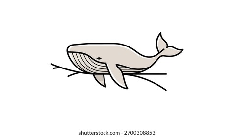 A minimalist illustration of a whale, resting on a line, in a flat design, black outline, white background
