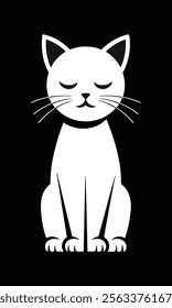 A minimalist illustration of a white cat with a black outline, sitting peacefully with its eyes closed. The contrast between the white cat and the black background creates a striking and serene compos