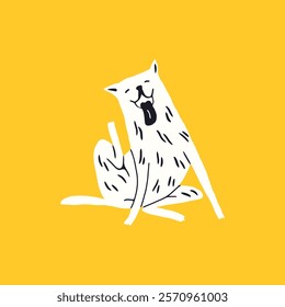 A minimalist illustration of a white dog in a funny pose scratching ear with tong hanging on a bright yellow background.