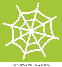 A minimalist illustration of a white spiderweb is centered on a vibrant, solid green background. The web is stylized and lacks a spider.