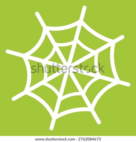 A minimalist illustration of a white spiderweb is centered on a vibrant, solid green background. The web is stylized and lacks a spider.