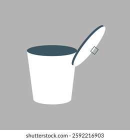 Minimalist illustration of a white trash can with an open lid on a gray background. Simple trash can design, open lid, white and gray colors. Isolated vector illustration.