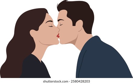 Minimalist illustration of a white young couple kissing, isolated on white background