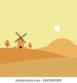 A minimalist illustration of a windmill on a hill with trees, set against a yellow sky and a bright sun.
