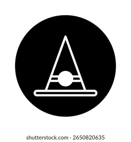 Minimalist illustration of a witch hat with a circle inside a black circle background