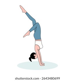 Minimalist illustration of a woman doing a handstand yoga pose. Ideal for wellness, fitness, and lifestyle content. Modern flat design with clean background, perfect for digital use.