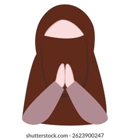 Ilustração minimalista de uma mulher usando um hijab, mãos agarradas em oração, simbolizando paz, fé e serenidade.