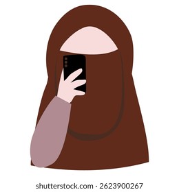 A minimalist illustration of a woman in a hijab using a smartphone.  The image conveys a sense of modern communication and digital connection, emphasizing diversity and inclusivity.