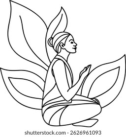 Minimalist illustration of a woman meditating surrounded by floral petal elements