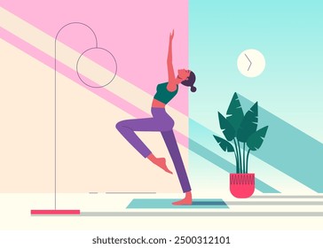 Minimalist illustration of a woman practicing yoga at home in the morning sunlight