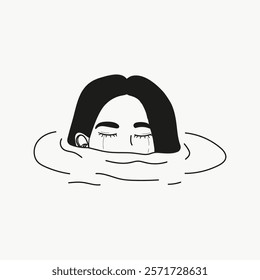 Minimalist illustration of a woman submerged in water, eyes closed, hair floating. Simple black and white design, serene and calm expression. Simple black line art doodle vector.