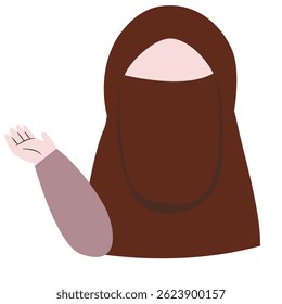 A minimalist illustration of a woman wearing a hijab, her hand outstretched in a welcoming gesture.