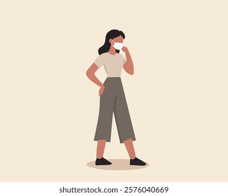 Minimalist illustration of a woman wearing a mask on a plain background. Ideal for promoting public health messages, mask-wearing awareness, and safety campaigns