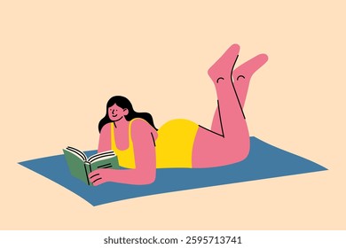 Minimalist illustration of a woman in a yellow swimsuit relaxing on the beach, reading a book. Perfect for summer, vacation, self-care, and leisure concepts in blogs, ads, or social media.