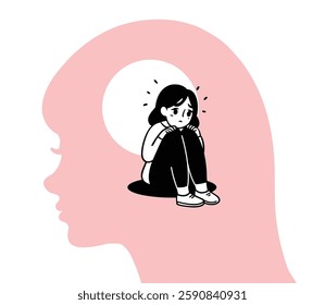 Minimalist illustration of a woman's head silhouette with a smaller figure of a sad girl sitting inside, hugging her knees. The image symbolizes anxiety, depression, overthinking, and mental health 