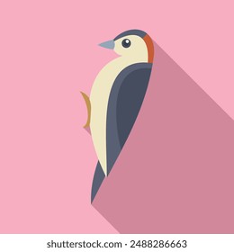 Minimalist illustration of a woodpecker with a long beak standing in profile on a pink background