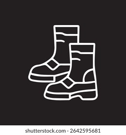 A minimalist illustration of work boots great for safety product designs and outdoor activities in crisp white on black background.
