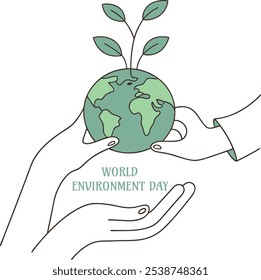 Minimalist Illustration for World Environment Day Hands Cradling Globe with Leaves and Text